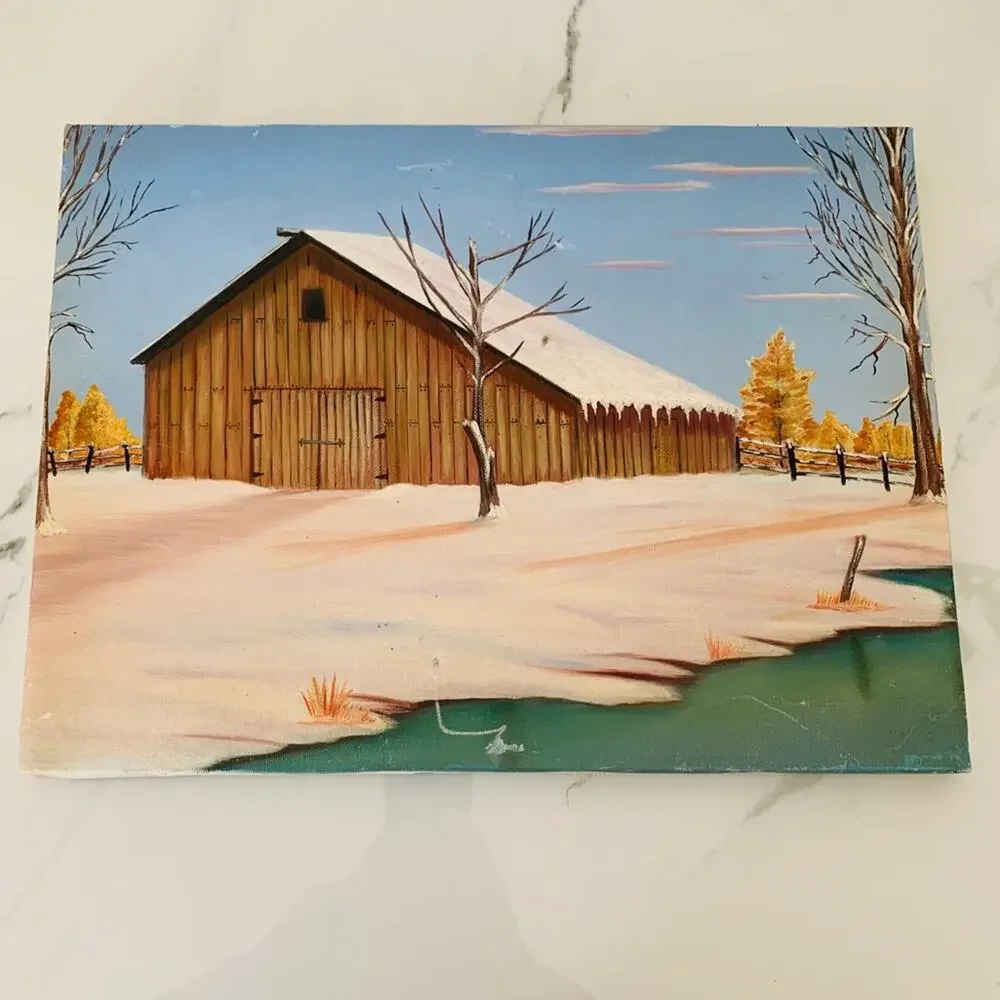 Vintage Barn Oil On Canvas Painting  Winter Snow By The Lake